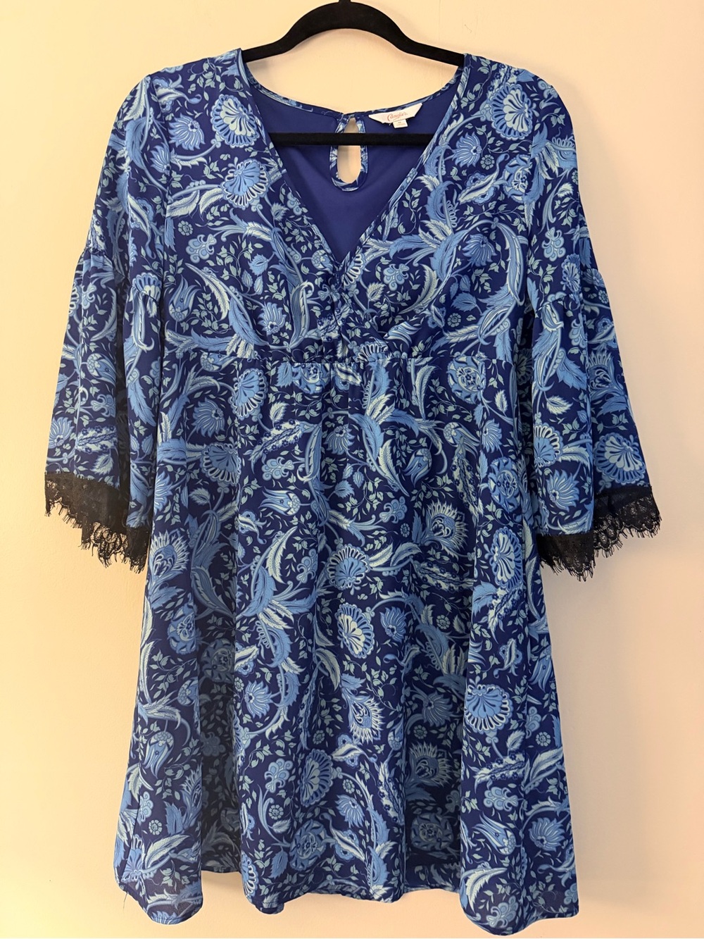 Candie's Blue Paisley Mini Dress with Black Lace Trim Sleeves Size Medium - Picture 2 of 10
